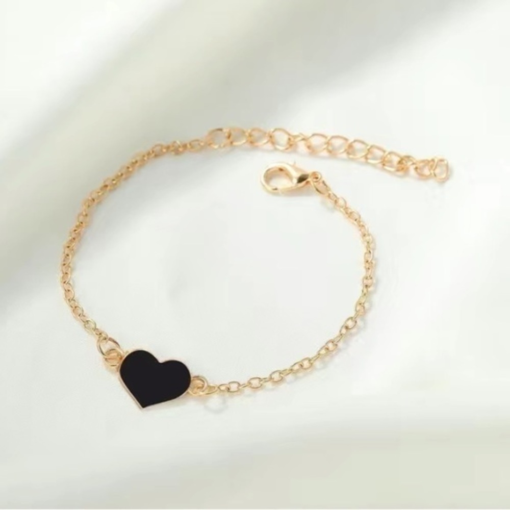 NWOT - Stainless Steel Gold Colored Dipped Heart Bracelet (Black Heart / 220mm)